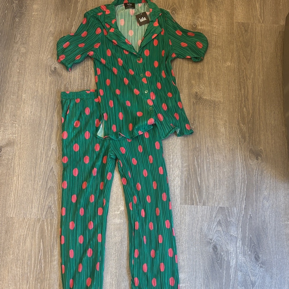 Dressed in LALA Green set with Pink Dots